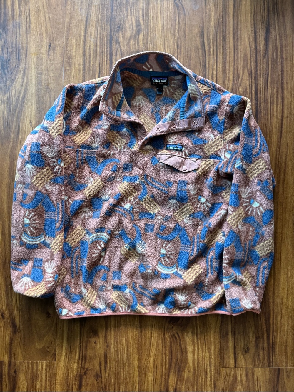 Patagonia Synchilla SnapT Fleece Pullover in Canyon Block Big: Sisu Brown. Large
